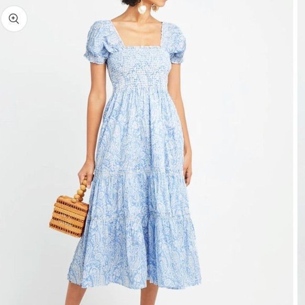 O.P.T. Blue Floral Smocked Puff Sleeve Midi Dress Size S